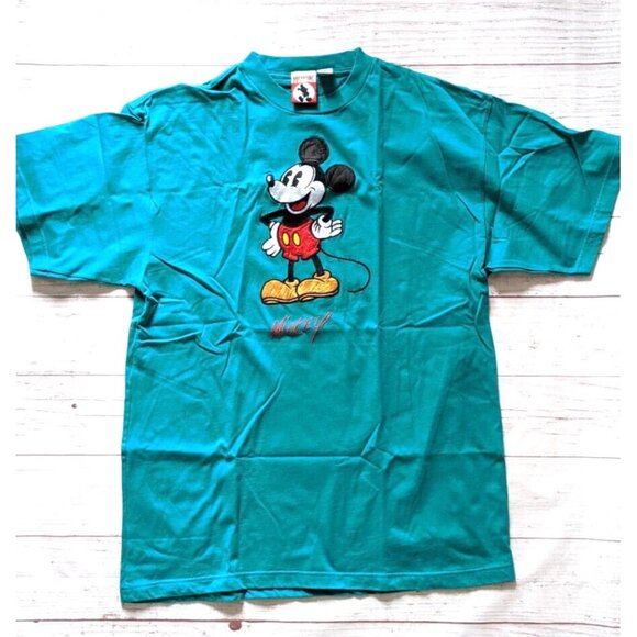 VTG Mickey INC Walt Disney T-shirt Men Unisex Green Applique Short Sleeve SizeXL - Picture 1 of 12